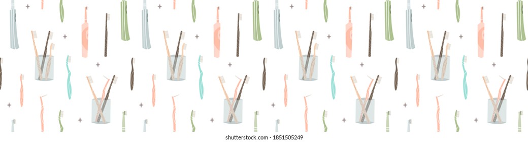Oral care and health. Dental cleaning tools: toothbrush, toothpaste, dentifrice, dental floss, mouthwash, tongue scraper. Dental hygiene, teeth care. Vector flat cartoon illustration, seamless pattern