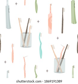 Oral care and health. Dental cleaning tools: toothbrush, toothpaste, dentifrice, dental floss, mouthwash, tongue scraper. Dental hygiene, teeth care. Vector flat cartoon illustration, seamless pattern
