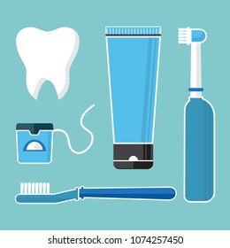 Oral care and hygiene, brushing teeth. Set of dental cleaning tools. Tooth, toothbrush, electric toothbrush, toothpaste and dental floss. Vector illustration