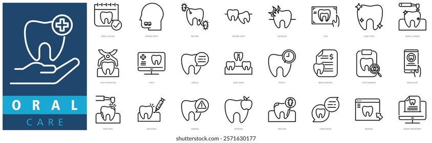 ORAL CARE ICON SET with dental checkup, wisdom tooth, bacteria, wisdom tooth, toothache, x ray, clean tooth, dental cleaning, dental care and tooth extraction