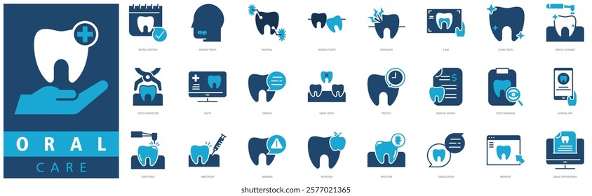 ORAL CARE ICON SET with dental checkup, wisdom tooth, bacteria, wisdom tooth, toothache, x ray, clean tooth, dental cleaning, dental care and tooth extraction