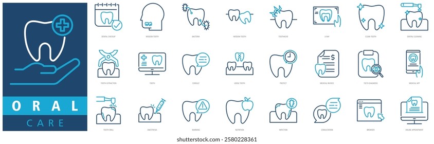 ORAL CARE ICON SET with dental checkup, wisdom tooth, bacteria, wisdom tooth, toothache, x ray, clean tooth, dental cleaning, dental care and tooth extraction
