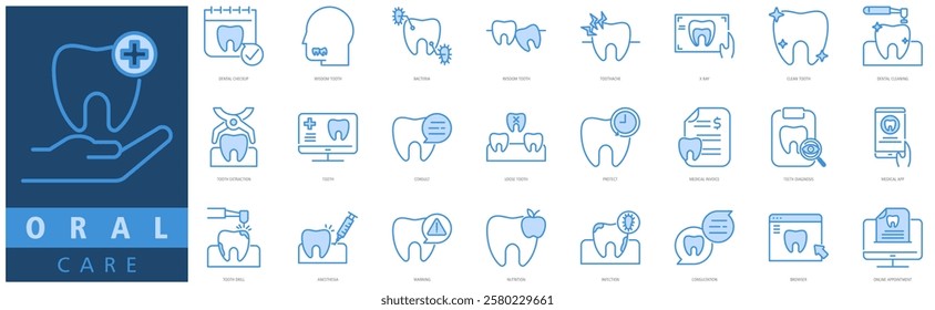 ORAL CARE ICON SET with dental checkup, wisdom tooth, bacteria, wisdom tooth, toothache, x ray, clean tooth, dental cleaning, dental care and tooth extraction
