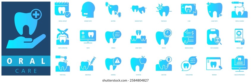 ORAL CARE ICON SET with dental checkup, wisdom tooth, bacteria, wisdom tooth, toothache, x ray, clean tooth, dental cleaning, dental care and tooth extraction
