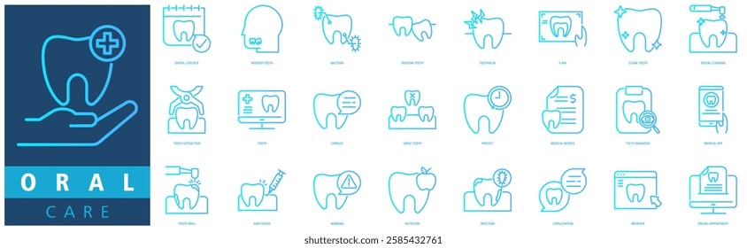 ORAL CARE ICON SET with dental checkup, wisdom tooth, bacteria, wisdom tooth, toothache, x ray, clean tooth, dental cleaning, dental care and tooth extraction
