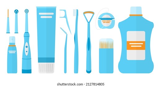 Oral care product dental clear flat set. Tools brushing teeth caring tongue. Irrigator rinse toothpick bathroom. Collection prevention tartar disease caries isolated on white