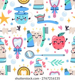 Oral care seamless vector pattern. Cute teeth with a toothbrush, toothpaste. Funny dental floss, a mirror, a tooth fairy coin. Cartoon characters, background with gum treatment and hygiene. Hand drawn