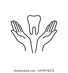 oral care with thin line hands and tooth icon. simple linear graphic trend modern abstract design logotype element isolated on white. concept of annual cleaning in dental office and easy teeth care