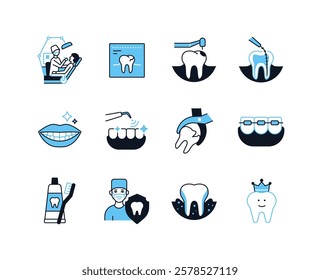 Oral care and treatment - line design style icons set