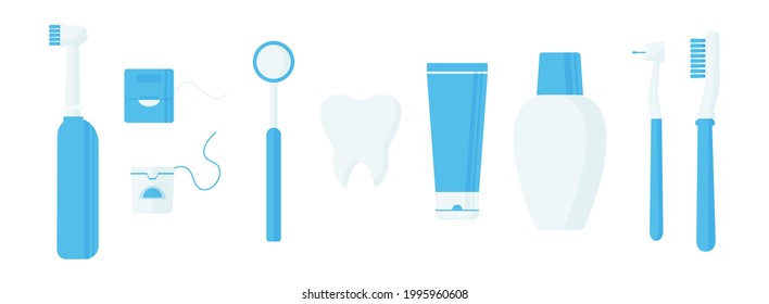 Oral care vector set icon, dentistry hygiene, toothbrushes, toothpaste, floss, tools for mouthwash isolated on white background. Cartoon health illustration