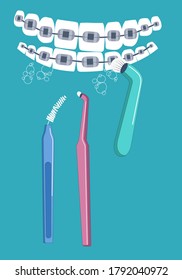 Higiene de la vida diaria de la cavidad oral e ilustración de la atención. Cables dentales en dientes con tres cepillos especiales para la limpieza. Retredores de metal ortodoncicos para corrección de picaduras. Hermosa sonrisa blanca y recta