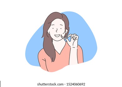 Oral cavity homecare, teeth whitening concept. Smiling girl using dental whitener, young woman holding individual stomatological tooth bleaching tray. Simple flat vector