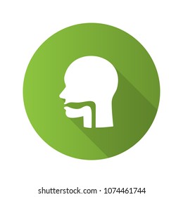 Oral cavity, pharynx and esophagus flat design long shadow glyph icon. Upper section of alimentary canal. Vector silhouette illustration