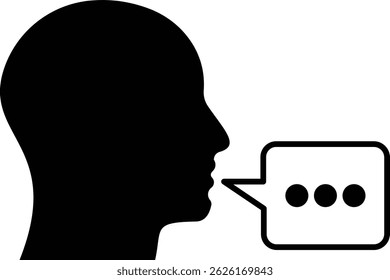 Icono oral del comando, silueta de un hombre que habla con una burbuja del discurso, escritura, icono de la regulación. en estilo moderno
