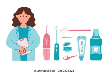 Oral and dental care concept. Woman doctor recommends Toothbrush, electric toothbrush and toothpaste, mouthwash, dental floss. Vector illustration Oral hygiene.