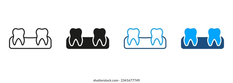 Enfermedad Oral, Diente Perdido Del Bebé. Espacio Entre Dientes. Falta la silueta de dientes y el conjunto de iconos de línea. Pictograma de dientes de pérdida humana. Colección de símbolos de tratamiento dental. Ilustración de vectores aislados.