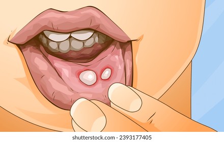 Enfermedad oral. Estomatitis. Ilustración de primer plano. Ilustración sanitaria. Ilustración vectorial.