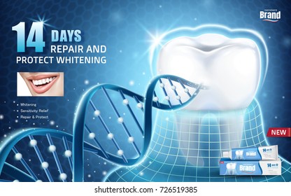 Oral health ads, toothpaste product ad with tooth protected by invisible coat with glitter dna structure in 3d illustration