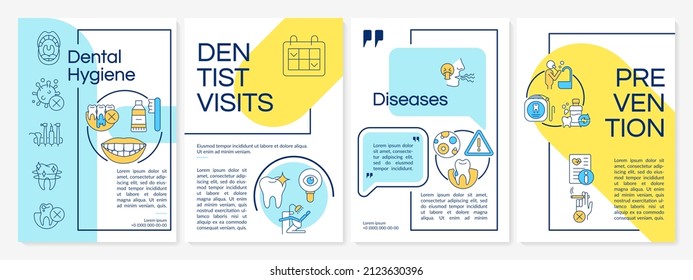 Oral health blue and yellow brochure template. Dentist visits. Prevention. Leaflet design with linear icons. 4 vector layouts for presentation, annual reports. Questrial, Lato-Regular fonts used