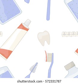 Oral health with braces. Crooked teeth are straight. Seamless pattern background. Recommendations orthodontist. Orthodontics vector. Toothpaste, toothbrush, brush, rinse