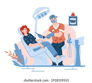 Oral health checkup of dentist scene with woman patient in chair. Dental office with patient and doctor cartoon characters, flat vector illustration isolated on white background.