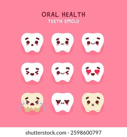 Oral health concept. Teeth emoji vector set. Illustration of smiling healthy tooth characters and sad tooth characters with dental plaque and tartar on pink background
