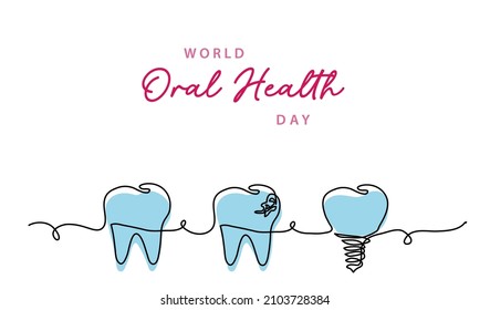 Oral Health Day simple vector tooth illustration, background, banner, poster. Health teeth, molar with caries and implant. One continuous line art drawing for world oral health awareness.