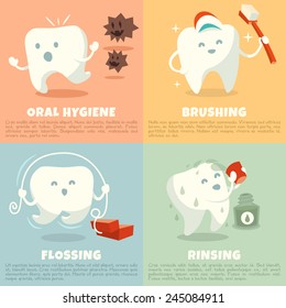 Oral hygiene banners with cute tooth. Part 1. Brushing, flossing and rinsing. Vector illustration.