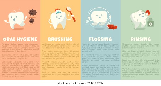 Oral Hygiene Booklet With Cute Tooth. Part 1. Brushing, Flossing And Rinsing. Vector Illustration.