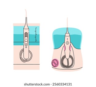 Oral hygiene care products. Dental cleaning tools vector illustration. Electrical oral irrigator. Brushing teeth equipment for caries prevention. Colorful set isolated on a white background