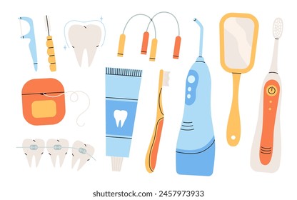 Higiene bucal, set de herramientas de limpieza. Diferentes accesorios para el cuidado dental. Cepillo de dientes eléctrico, cepillo de dientes, tubo de pasta de dientes, irrigador oral, hilo dental. Ortesis dentales. Ilustración vectorial plana aislada