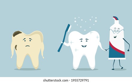 Higiene oral, el concepto de cuidado dental. Feliz tubo de pasta dental, diente, cepillo de dientes van juntos.  Emoticon, emoticono bondadoso, emoji, dibujos animados, ilustración vectorial para los niños.