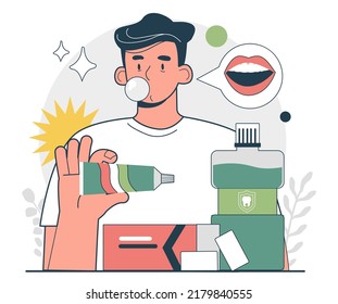 Concepto de higiene bucal. Herramientas de limpieza dental que evitan la mala respiración o la halitosis. Pasta dental, enjuague bucal y goma de mascar. Higiene dental, cuidado de dientes. Ilustración vectorial plana