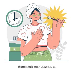 Concepto de higiene bucal. Herramientas de limpieza dental que evitan la mala respiración o la halitosis. Carácter femenino con pasta dental y enjuague bucal. Higiene dental, cuidado de dientes. Ilustración vectorial plana