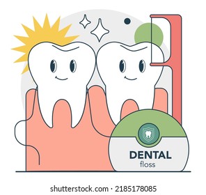 Concepto de higiene bucal. Herramientas de limpieza dental que evitan la mala respiración o la halitosis. Lugar y encías interdentales para la limpieza dental de la planta baja. Higiene dental, cuidado de dientes. Ilustración vectorial plana