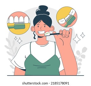 Concepto de higiene bucal. Herramientas de limpieza dental que evitan la mala respiración o la halitosis. Carácter femenino con pasta dental y enjuague bucal. Higiene dental, cuidado de dientes. Ilustración vectorial plana