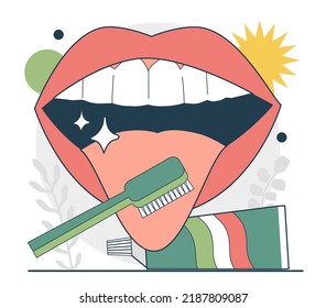 Concepto de higiene bucal. Herramientas de limpieza dental que evitan la mala respiración o la halitosis. Pasta dental y lengua limpiadora de cepillos de dientes. Higiene dental, cuidado de dientes. Ilustración vectorial plana