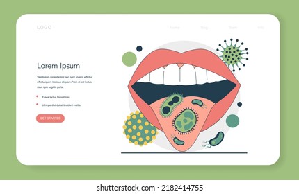 Concepto de higiene bucal. Halitosis, respiración aguda crónica, enfermedad bacteriana oral. Bacterias extendiéndose por la boca y la lengua. Higiene dental y cuidado de los dientes. Ilustración vectorial plana