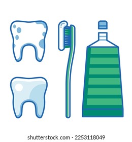 Oral hygiene elements. Toothbrush, paste and tooth in line art design.