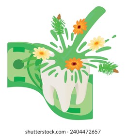 Orale Hygiene Symbol isometrische Vektorgrafik. Menschliche Zähne unter Mund waschen sich nahe dem Dollar-Schein. Zahnmedizin, Gesundheitskonzept