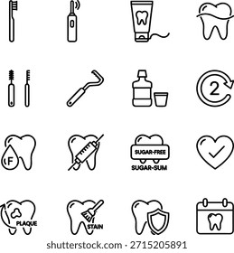 Mundhygiene Icon Set - Vektorgrafik der Zahnbürste, Floss Prevention Outline Symbols.eps
