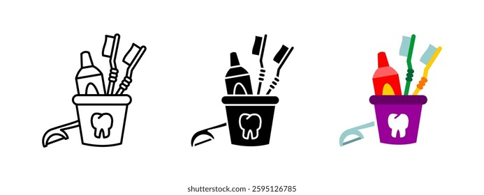 Oral hygiene icon. Toothbrush and toothpaste in a holder. Dental teeth care and hygiene. Daily morning routine, cleaning and mouth health vector illustration. Fresh breath concept.