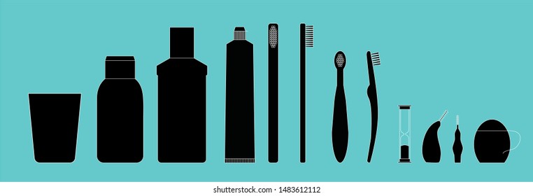 Oral hygiene icons. Dental cleaning kit. Vector set. Manual toothbrush, toothpaste, dental floss, mouthwash, toothbrush for baby, dental cleaner, orthodontic cleaner. Isolated on white background.
