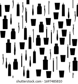 Oral hygiene icons. Dental cleaning kit. Vector seamless pattern. Manual toothbrush, toothpaste, toothbrush for baby. Isolated on white background.
