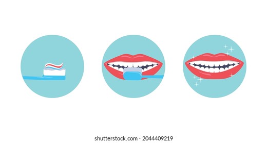 Oral hygiene icons. Toothbrush with toothpaste, process of brushing, mouth with clean teeth isolated on white background. Healthy oral hygiene. Vector illustration