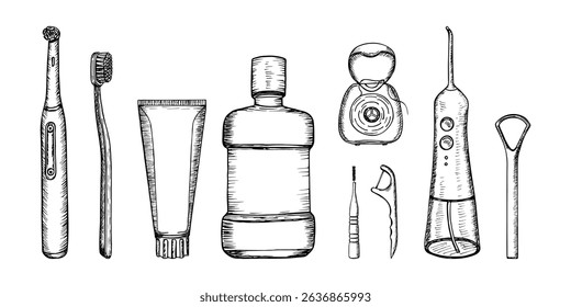 Oral hygiene kit for dental hygiene, in-home dental hygiene. Hand-drawn vector sketch illustration. Toothpaste, toothbrush, floss, mouthwash, tongue scraper. Outline doodle clipart