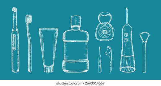 Oral hygiene kit for dental hygiene, in-home dental hygiene. Toothpaste, toothbrush, floss, mouthwash, tongue scraper. Hand drawn vector sketch illustration. Outline doodle clipart
