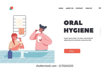 Oral Hygiene Landing Page Template. Kids Brushing Teeth, Happy Sisters Family Characters with Toothbrush and Paste Morning Routine, Children Oral Health Care. Cartoon People Vector Illustration