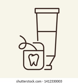 Oral hygiene line icon. Toothpaste, tube, dental floss. Dental care concept. Vector illustration can be used for topics like healthcare, dental care, cleaning teeth