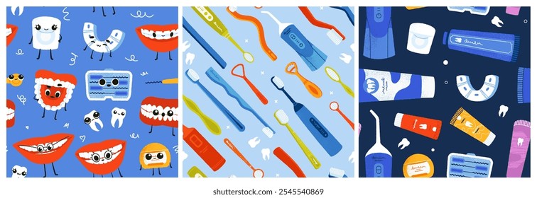 Oral hygiene pattern. Seamless print with dental care products, mouthwash, toothbrush, toothpaste, floss, cartoon vector background.